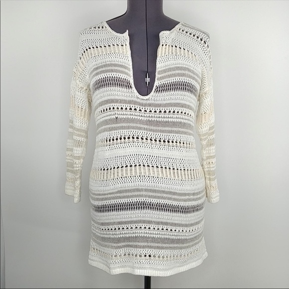 Moda International Cream and White Crochet V Neck Sweater Tunic Size XS - Picture 1 of 7
